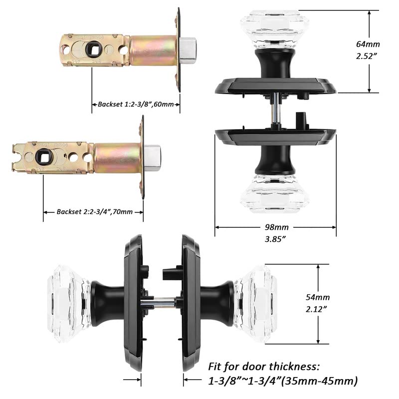 Orger Passage Door Knobs for Hallway and Closet, Glass Door Handles with Non-Locking Latch, Octagonal Clear Crystal Door Knobs 3 Pack, Black Vintage Rosette with Heavy Duty Crystal - Image 4